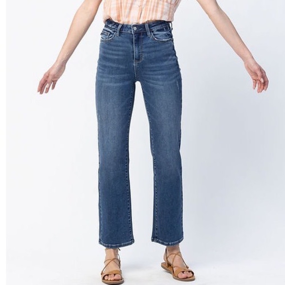 Judy Blue Dad Jean High Rise Raw Hem Crop Blue Denim Jeans JB88531 Womens 7/28